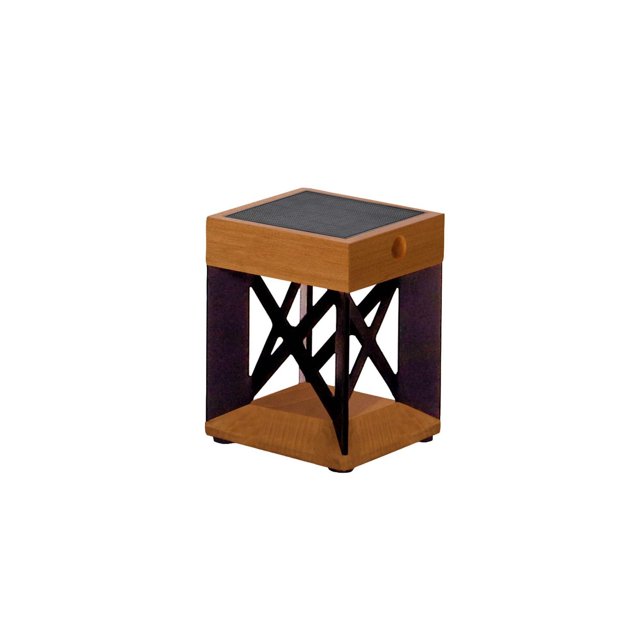 A portable solar table lamp with a sleek black aluminum frame and teak base